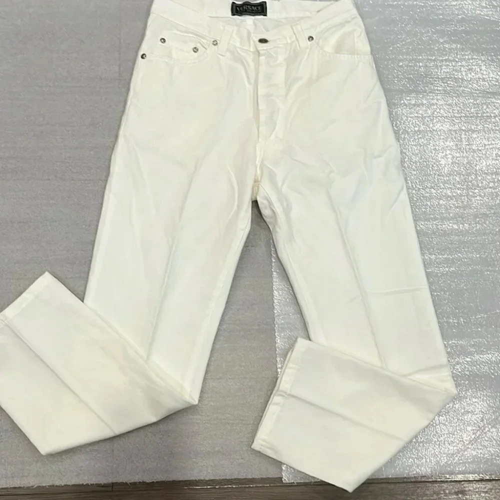 [W28L26] Versace Jeans Signature Ittierre Crean White Button Fly High Rise Jeans